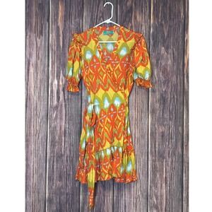 Feather & Find Wrap Dress Womens M Orange Ikat Boho Ruffle Puff Sleeve Mini